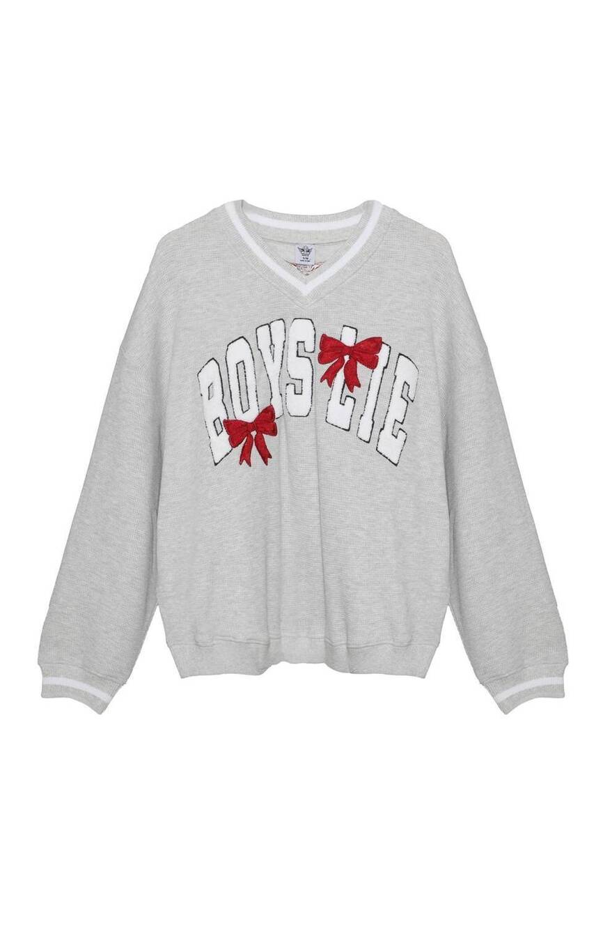 NEW BOYS LIE women's wrap me in a bow hayley v-neck sweater in heather grey